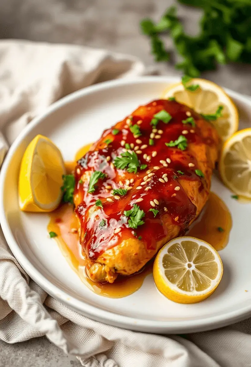 Honey garlic chicken breast on a white plate with lemon wedges and a drizzle of sauce.