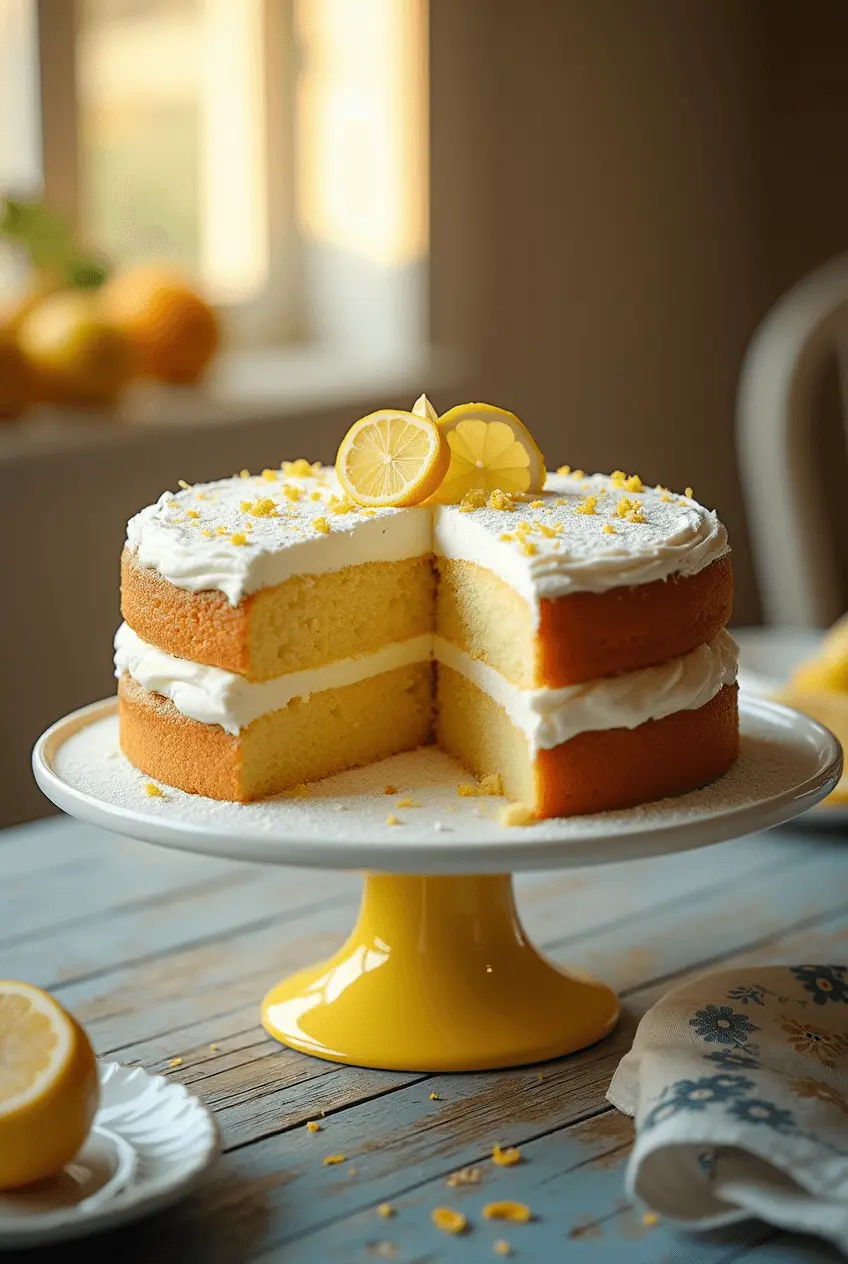 Layered lemon cake with clotted cream filling and lemon zest garnish