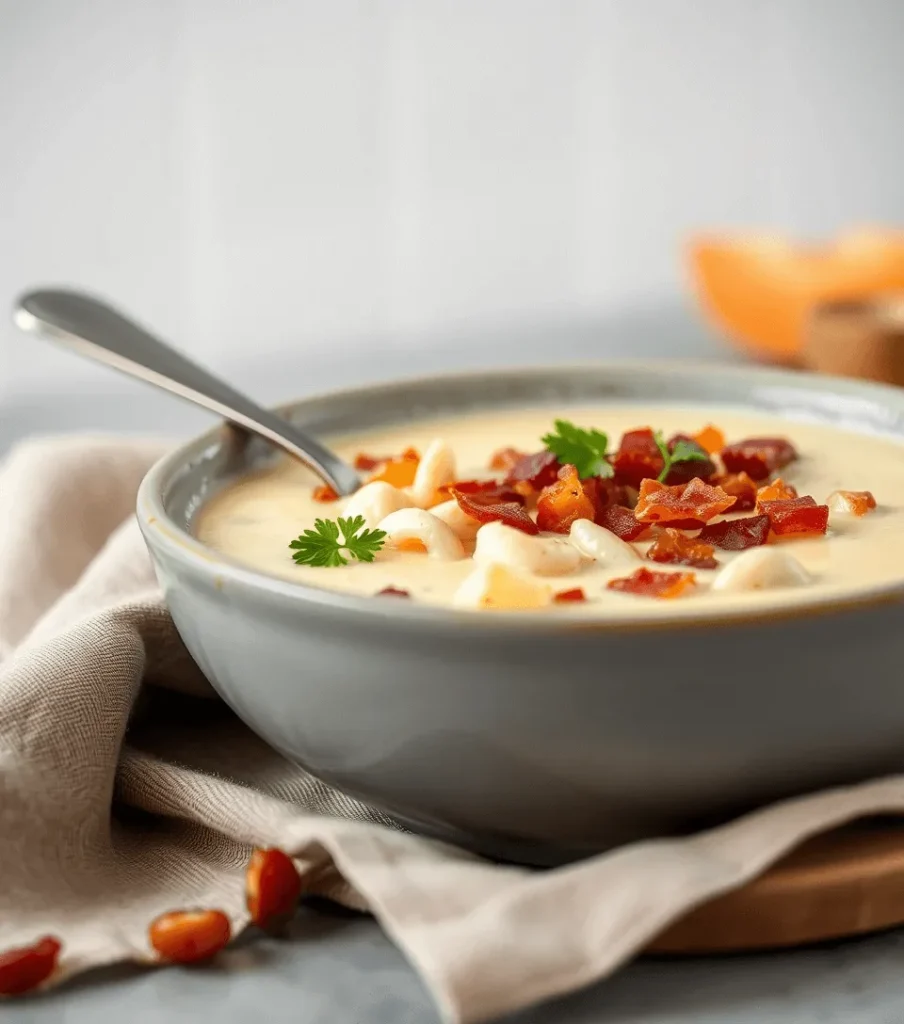 Low-carb cauliflower clam chowder in a gray stoneware bowl, garnished with crispy bacon bits and parsley