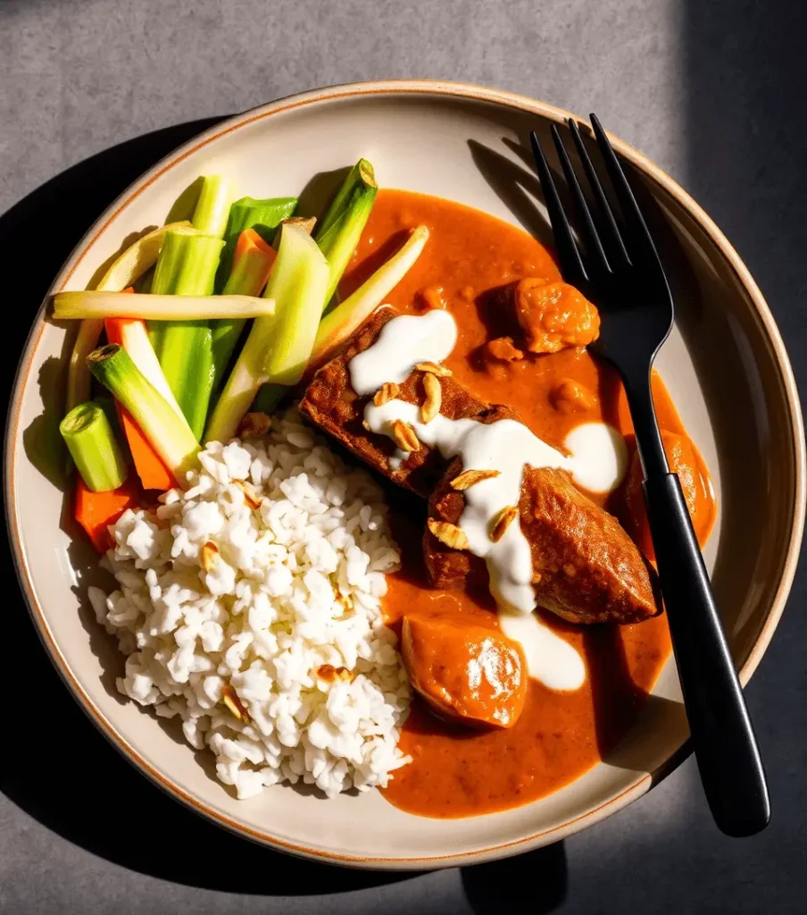 Oxtail Rendang Curry served with steamed jasmine rice and a side of vegetables
