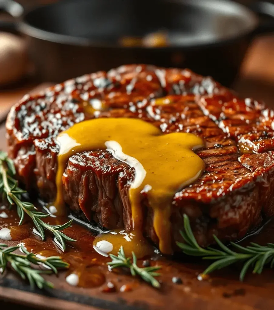 Juicy pan-seared steak in garlic butter sauce with fresh herbs, crispy crust, and rich drippings