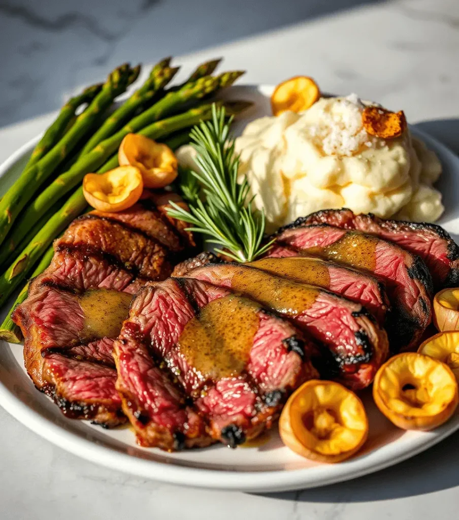 Pan-seared steak in butter sauce served with roasted vegetables, mashed potatoes