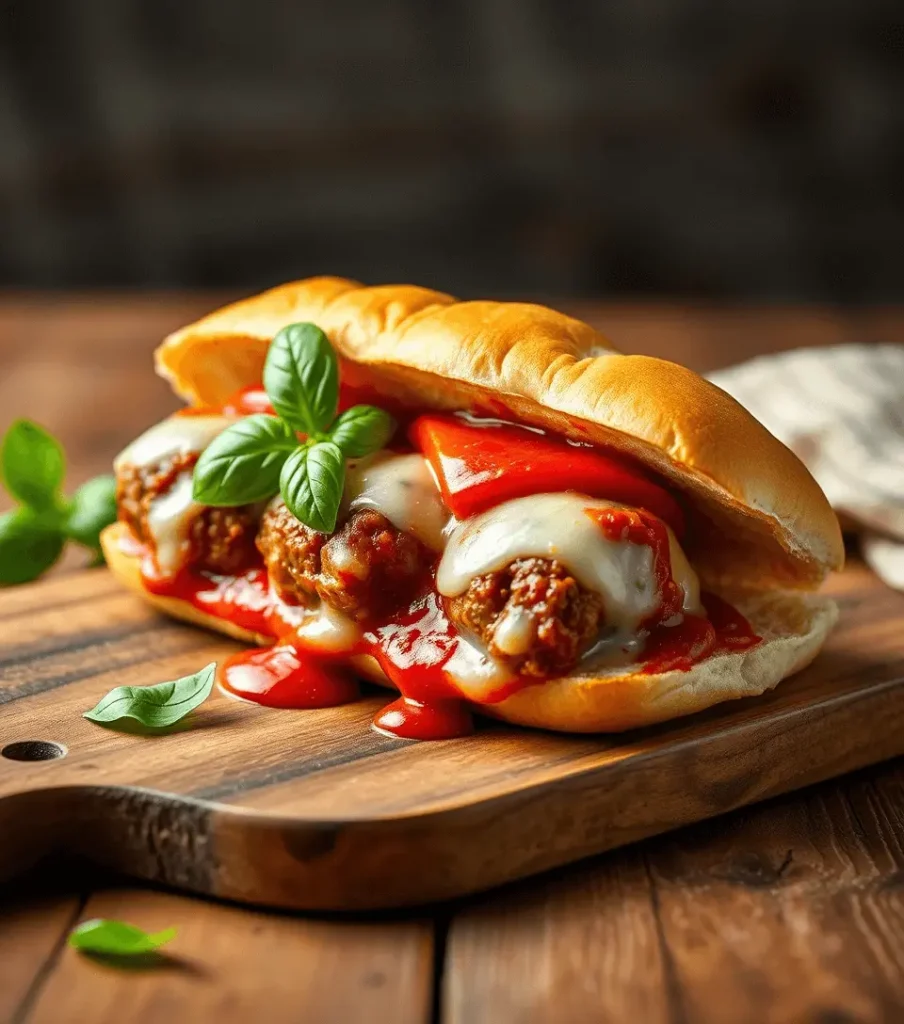 Juicy homemade meatball sub sandwich with marinara sauce, melted cheese, and fresh basil on a rustic ciabatta roll