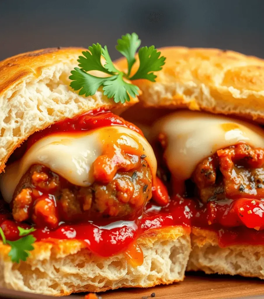 Close-up of a meatball sub sandwich layers: seasoned meatballs, San Marzano marinara, and melted mozzarella cheese