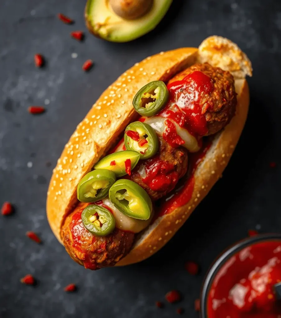Modern meatball sub with avocado slices, spicy peppers, and melted cheese on a seeded roll.