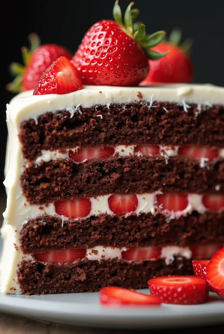 "Close-up of a Strawberry Chocolate Cake slice showing layers of chocolate sponge, strawberries, and whipped cream."