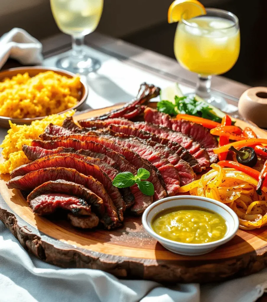 Sliced Picanha steak with farofa, grilled vegetables, and vinagrete sauce on a rustic platter