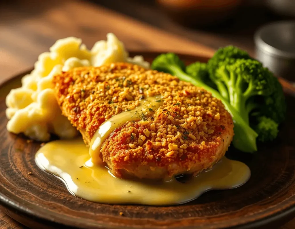 Longhorn Parmesan Crusted Chicken with Garlic Butter Sauce served on a dark wooden plate, accompanied by mashed potatoes and broccoli