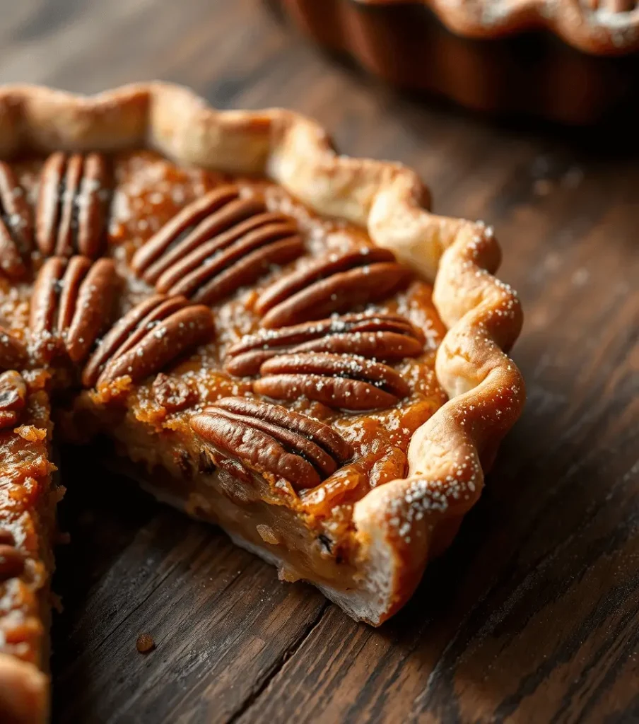 Slice of Meemaw’s Pecan Pie with golden filling and toasted pecans on a rustic wooden table