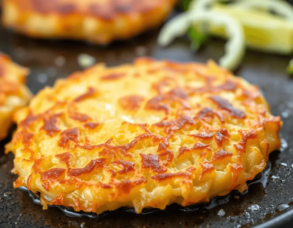 Golden-brown German potato pancake with crispy edges and grated potato strands, served on a white plate with a fork.
