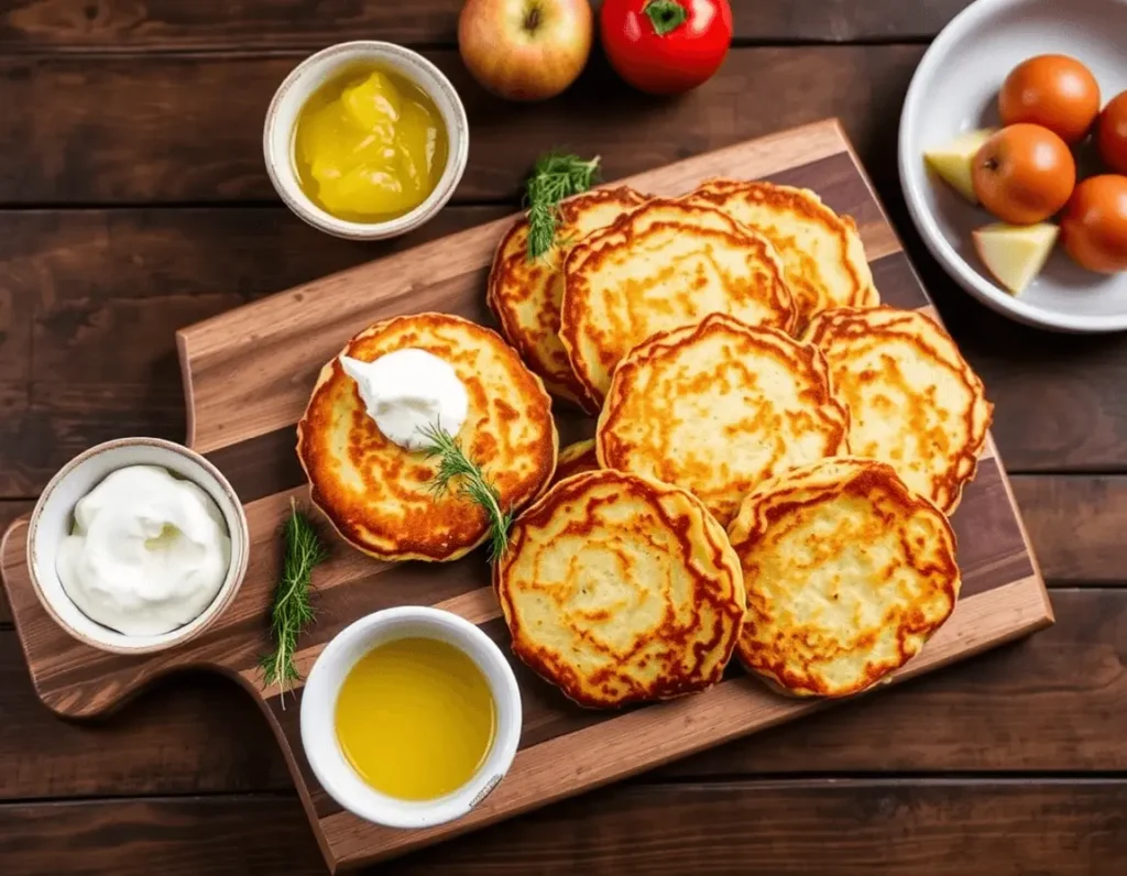 A large wooden serving platter with German potato pancakes, applesauce, sour cream, and fresh dill sprigs.
