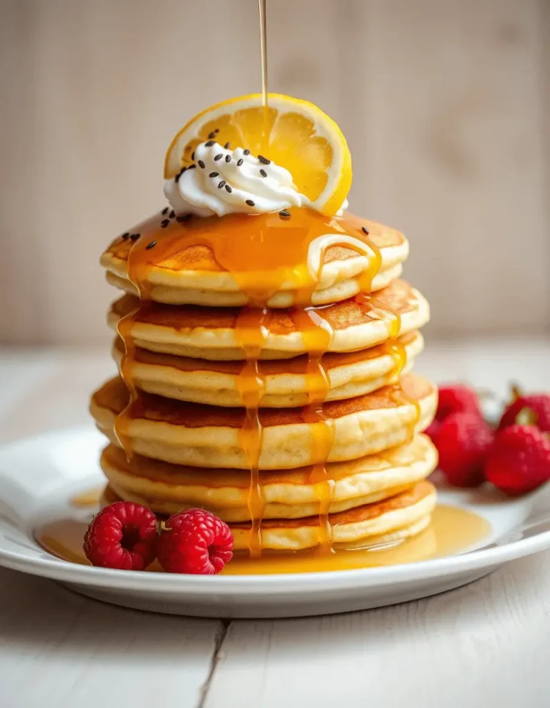 Close-up of lemon poppy seed pancakes with a cross-section showing fluffy layers and black poppy seeds. Topped with lemon zest, powdered sugar, and maple syrup on a beige ceramic plate