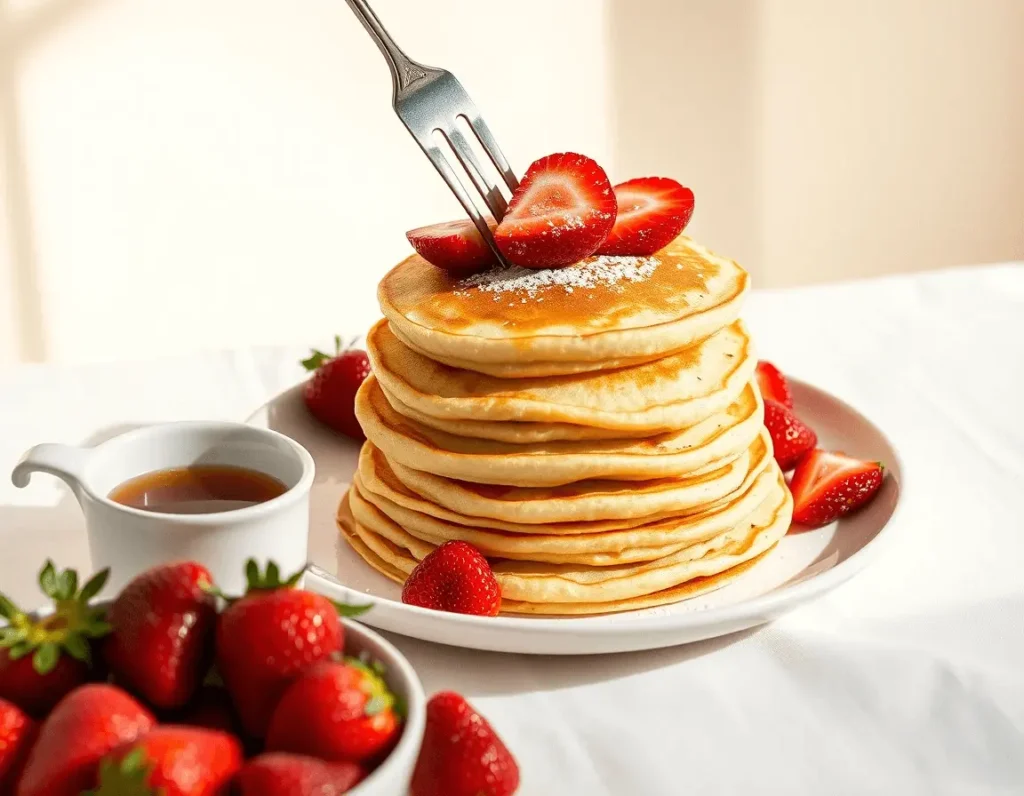 Golden lemon poppy seed pancakes with strawberries, powdered sugar, and maple syrup on a white ceramic plate. Minimalist setup on ivory linen with cinematic lighting.