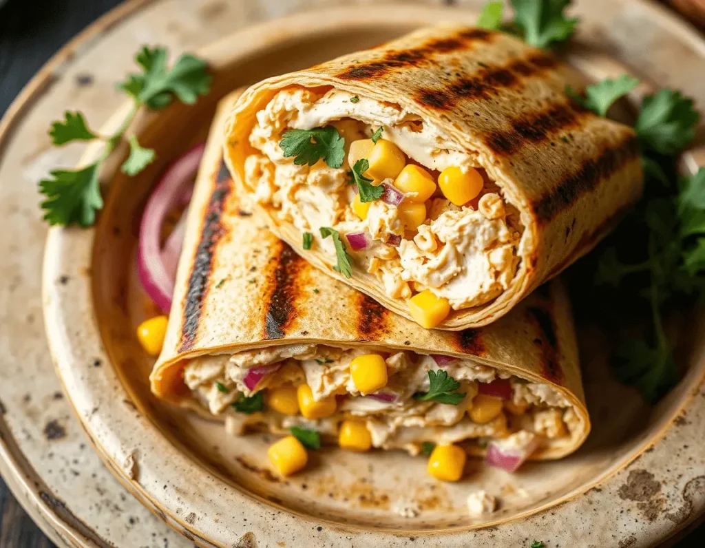 Grilled chicken wrap sliced in half, filled with creamy chicken, corn, and red onions, served on a ceramic plate.