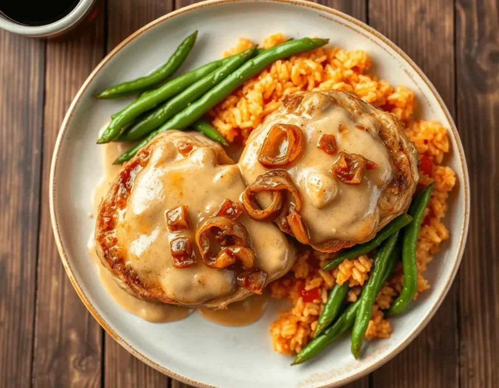 A plate of smothered pork chops with creamy onion gravy, tomato rice, and sautéed green beans.