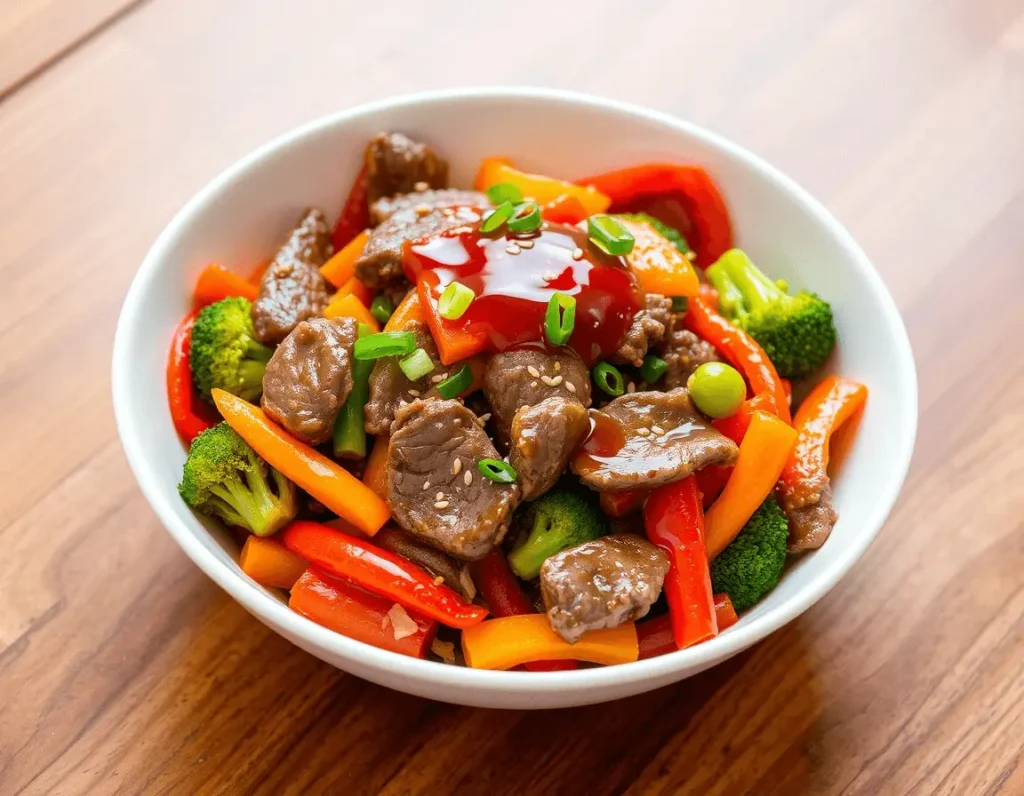 "A vibrant beef stir-fry with colorful vegetables in a white ceramic bowl on a wooden table. Includes tender beef slices, broccoli, red bell peppers, and carrots coated in glossy sauce, garnished with sesame seeds and green onions. Bright natural light highlights the dish’s freshness and texture."