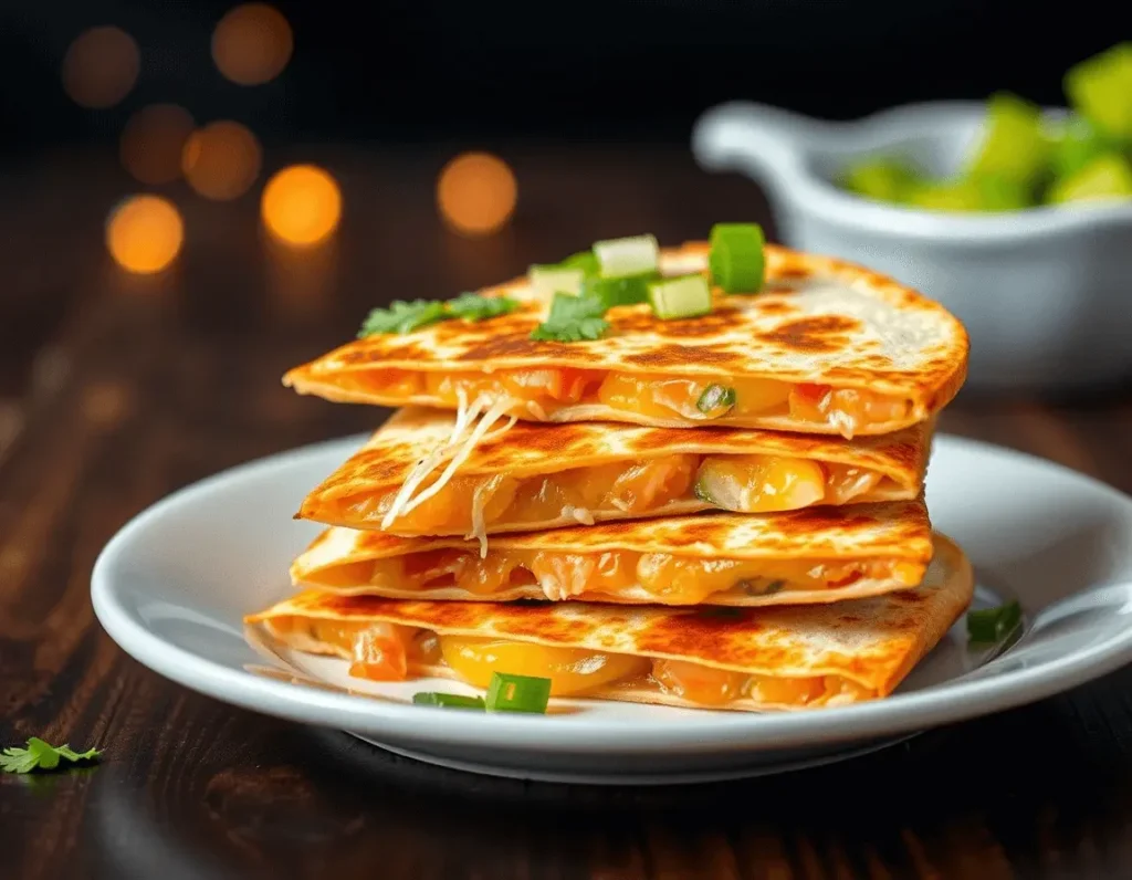 A stack of three golden-brown Smoked Salmon and Mango Quesadillas on a white ceramic plate, garnished with fresh cilantro and green onions. Slightly pulled apart to reveal melted cheese and pink salmon flakes. Set on a dark wooden surface with soft amber backlighting, creating a cozy, homemade gourmet vibe. Shallow depth of field highlights the crispy tortilla and vibrant herbs