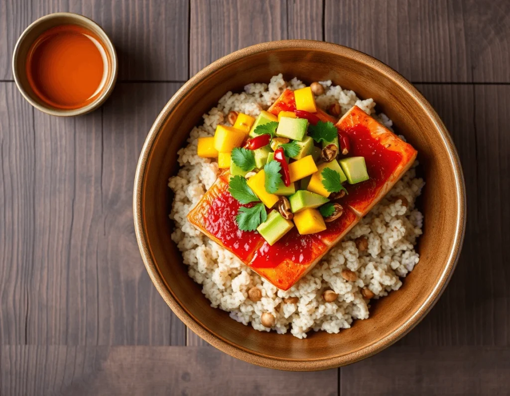A vibrant Chili Crisp Salmon Bowl held by a hand, featuring seared salmon fillets glazed with glossy red chili crisp sauce, nestled atop fluffy brown rice. Topped with chunky avocado mango salsa (bright yellow mangoes, creamy avocado, red chilies), fresh cilantro sprigs, and toasted peanuts. Served in a rustic ceramic bowl against a tropical backdrop with palm trees and ocean views. A small bowl of orange chili oil sits beside the plate, adding warmth to the scene.