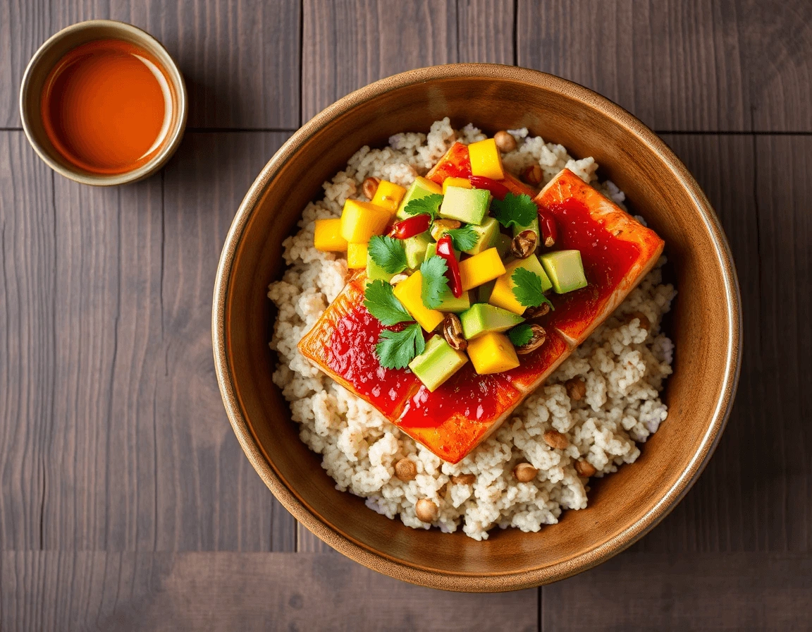 A vibrant Chili Crisp Salmon Bowl held by a hand, featuring seared salmon fillets glazed with glossy red chili crisp sauce, nestled atop fluffy brown rice. Topped with chunky avocado mango salsa (bright yellow mangoes, creamy avocado, red chilies), fresh cilantro sprigs, and toasted peanuts. Served in a rustic ceramic bowl against a tropical backdrop with palm trees and ocean views. A small bowl of orange chili oil sits beside the plate, adding warmth to the scene.
