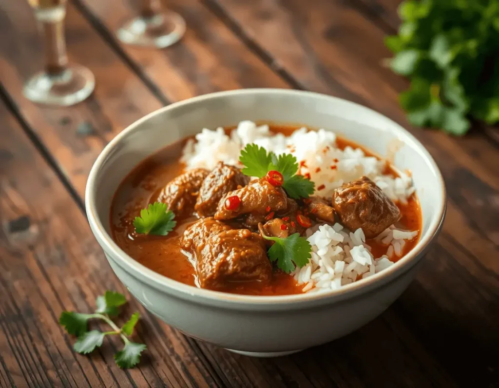 A steaming hot bowl of beef curry served with white rice, garnished with fresh cilantro leaves and red chili flakes, on a rustic wooden table under soft lighting