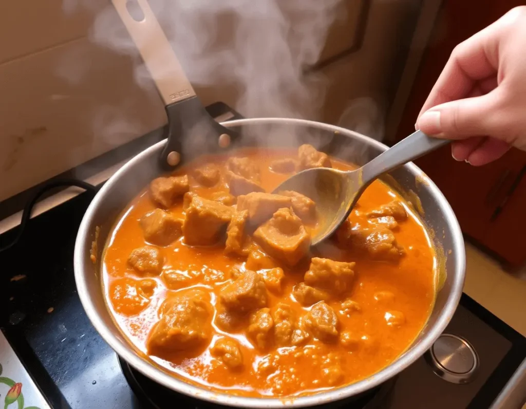 A hand stirring beef curry in a pan, steam rising from the rich orange sauce in a warm home kitchen background
