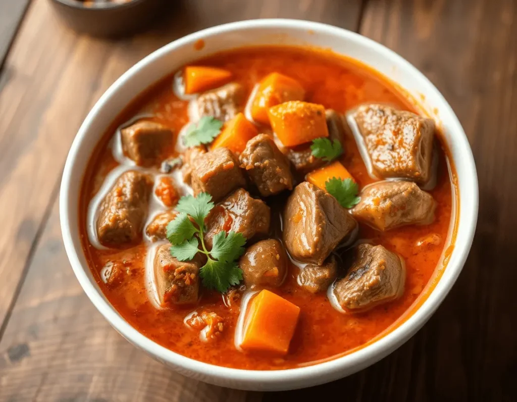 A steaming bowl of beef curry with tender meat, carrots, and spices, served in a white bowl on a wooden table, garnished with cilantro under warm lighting
