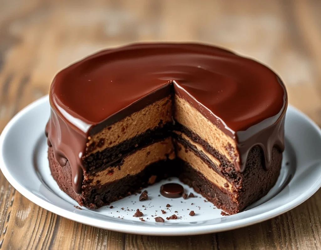 Silky chocolate mousse cake with a glossy ganache topping, dense crust, and airy filling. A decadent no-bake dessert made with dark chocolate, whipped cream, and cocoa powder