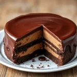 Silky chocolate mousse cake with a glossy ganache topping, dense crust, and airy filling. A decadent no-bake dessert made with dark chocolate, whipped cream, and cocoa powder
