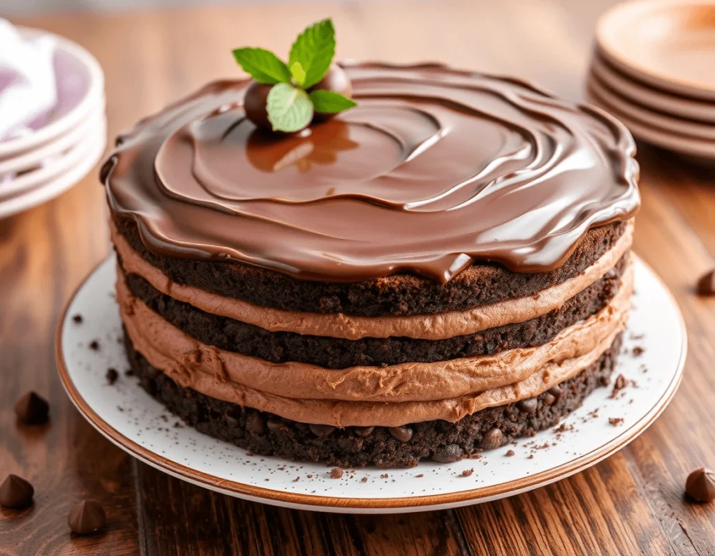 Decadent chocolate mousse cake with a crackling dark crust, velvety center, and glossy ganache topping. A showstopping no-bake dessert bursting with rich chocolate flavor