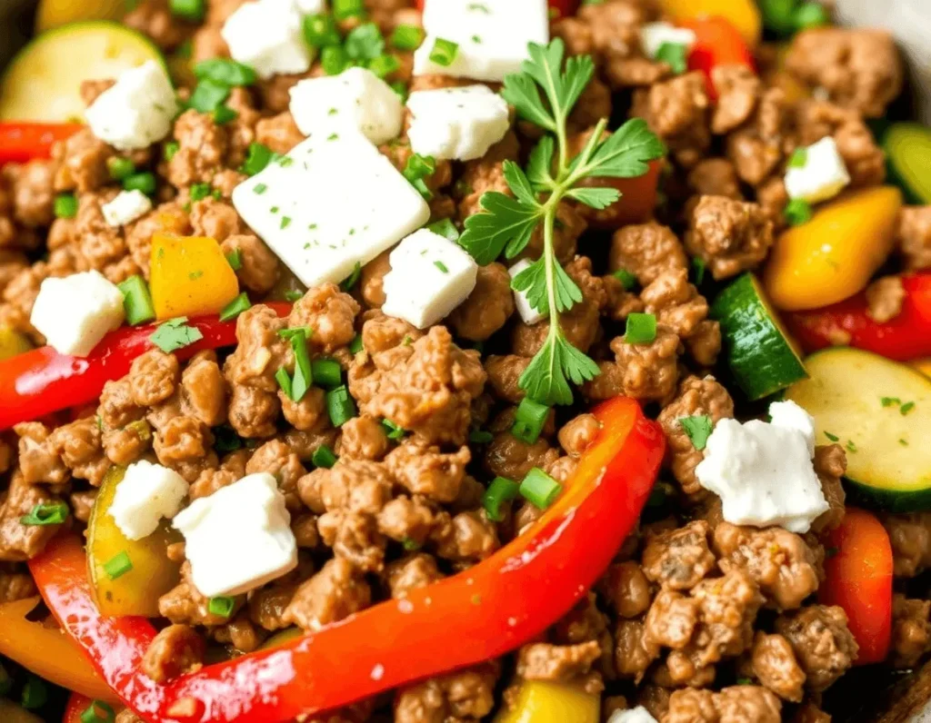 Sizzling Mediterranean ground beef stir-fry with bell peppers, zucchini, and feta cheese in a skillet. Fresh herbs and vibrant veggies on a rustic background.