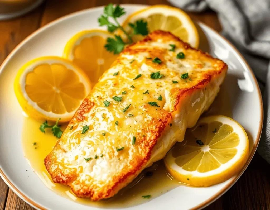 A golden-brown lemon butter fish fillet plated on a white dish, glazed with a rich butter-lemon sauce. Fresh parsley and lemon wedges add brightness. Crispy edges contrast with tender, flaky fish. Warm lighting enhances the dish’s aroma, evoking a cozy, home-cooked meal.