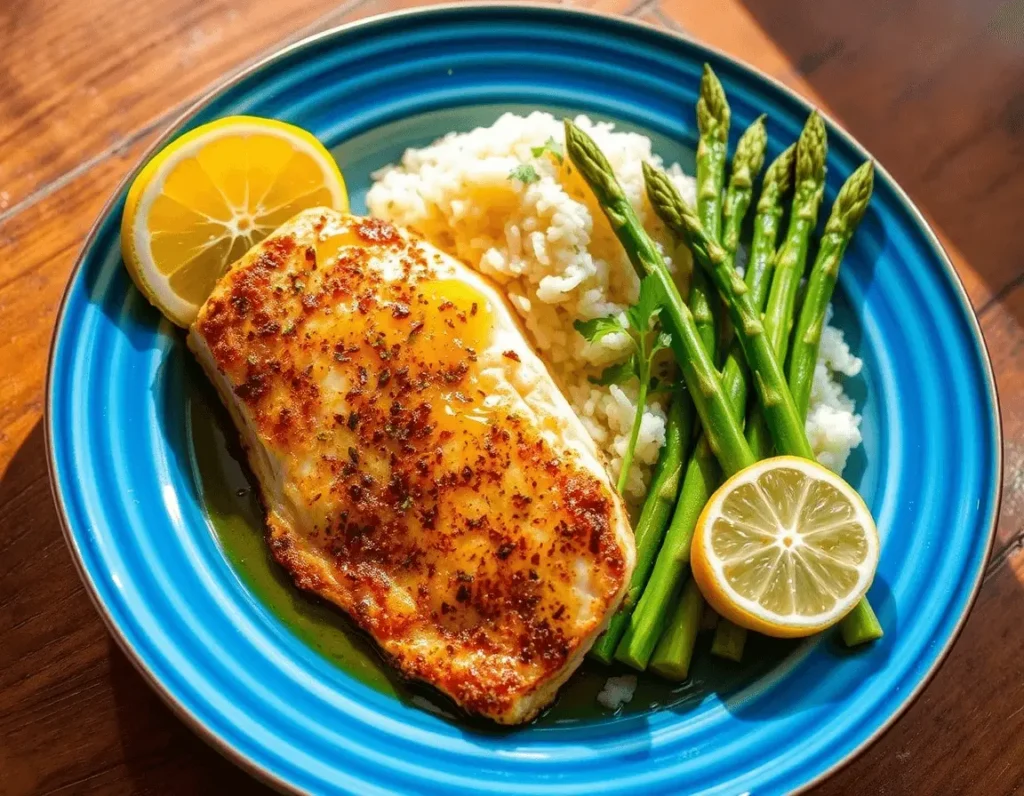 A vibrant blue-rimmed plate holds a lemon butter fish fillet with a golden herb-crusted exterior. Fluffy jasmine rice and bright green steamed asparagus complete the meal. A lemon wedge adds freshness, while natural light highlights the dish’s warmth against a rustic wooden table