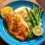A vibrant blue-rimmed plate holds a lemon butter fish fillet with a golden herb-crusted exterior. Fluffy jasmine rice and bright green steamed asparagus complete the meal. A lemon wedge adds freshness, while natural light highlights the dish’s warmth against a rustic wooden table