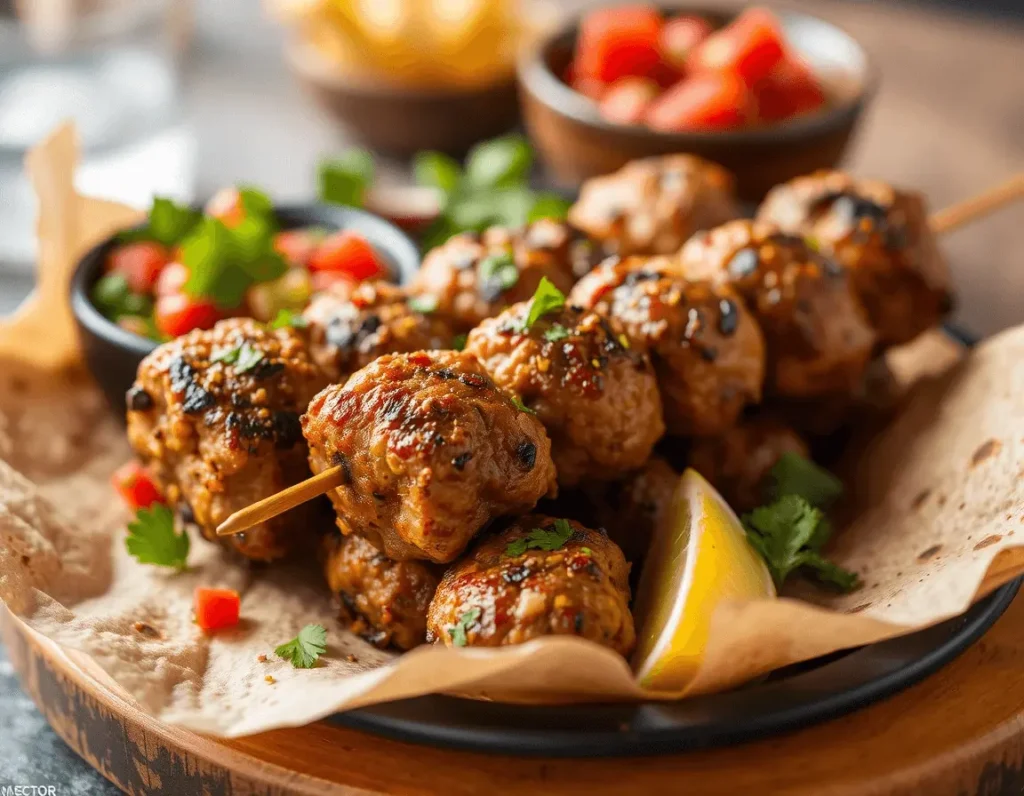 Grilled kafta skewers with golden-brown charring, made from spiced lamb mince mixed with garlic, cumin, and coriander. The skewers rest on a charcoal grill, exuding a smoky aroma, ready to be served as a centerpiece for a summer Levantine feast