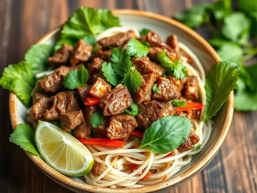 Thai Beef Salad with charred beef, ruby-red onions, fresh mint, Thai basil, roasted peanuts, and lime wedges. A vibrant, spicy-sour dish bursting with authentic Thai flavors