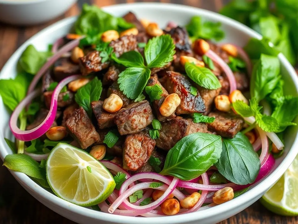 Vibrant Thai Beef Salad with grilled beef, fresh mint, Thai basil, roasted peanuts, and lime wedges. A zesty, spicy dish packed with fresh herbs and authentic Thai flavors