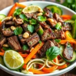 Thai Beef Salad with charred beef, tomatoes, carrots, cucumber ribbons, cilantro, toasted peanuts, and lime wedges. A colorful, protein-packed dish bursting with spicy lime dressing.