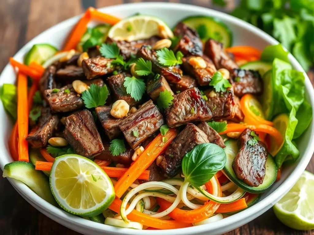 Thai Beef Salad with charred beef, tomatoes, carrots, cucumber ribbons, cilantro, toasted peanuts, and lime wedges. A colorful, protein-packed dish bursting with spicy lime dressing.