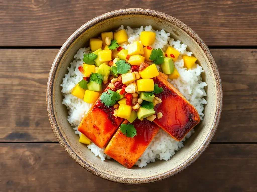 A vibrant Chili Crisp Salmon Bowl featuring seared salmon fillets glazed with glossy red chili crisp sauce, nestled atop fluffy white rice. Topped with chunky avocado mango salsa (bright yellow mangoes, creamy avocado, red chilies), fresh cilantro sprigs, and toasted peanuts. Served in a rustic ceramic bowl on a textured wooden surface. Soft natural lighting highlights the crispy salmon skin, juicy salsa, and earthy tones of the bowl